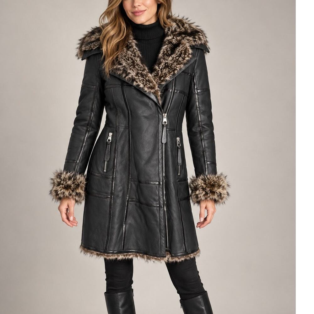 Barbara Bui Lambskin Leather with Silver Fox Lining Coat Sz. XS